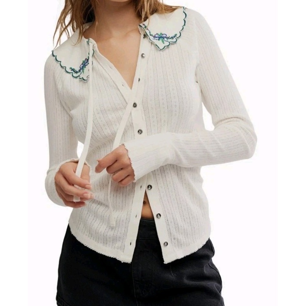 Free People Juniper Embroidered Pointelle Cotton Button-Up Top Size XL NWT $78